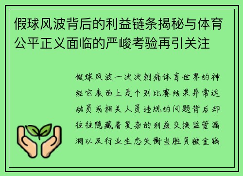 假球风波背后的利益链条揭秘与体育公平正义面临的严峻考验再引关注 假球风波背后的利益链条揭秘与体育公平正义面临的严峻考验再引关注